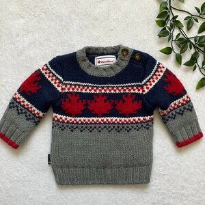 Canadiana Maple Leaf Knit Baby Sweater 0-3M | Grey Navy Red Patriotic VGUC